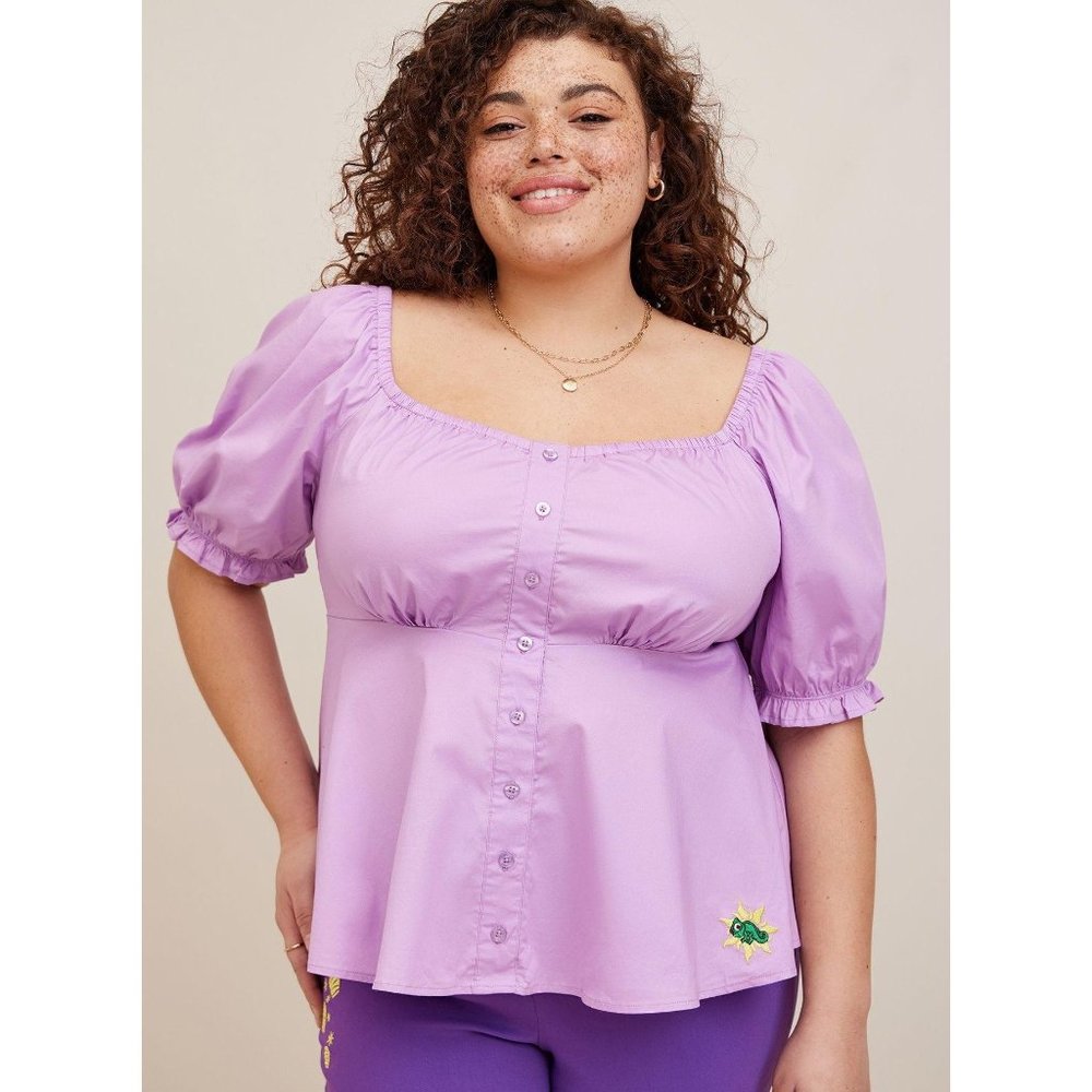 Torrid NWT Disney Tangled Rapunzel Peplum Stretch Poplin Blouse size 3X